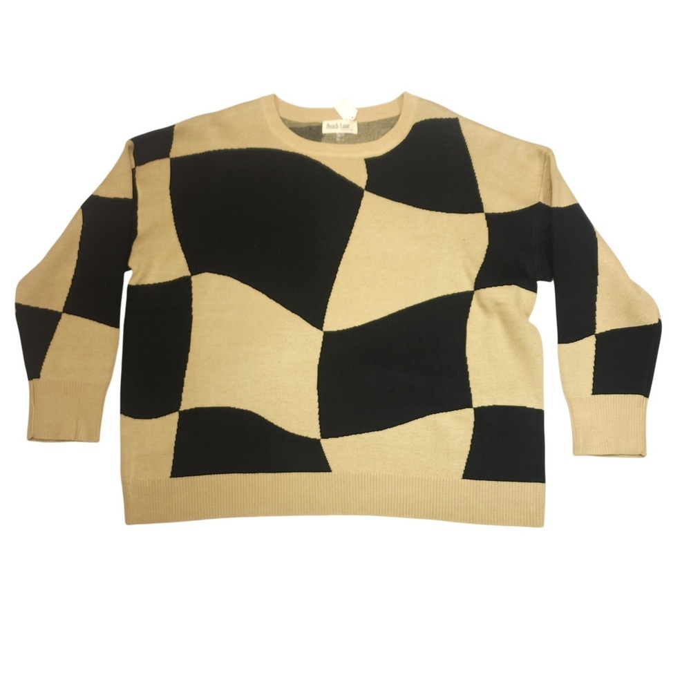 Peach Love California Tan Black Wavy Checkerboard Oversized Knit Sweater Small